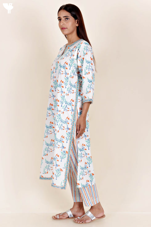 Cotton Kurta Pant Set With Kota Dupatta In Block Print