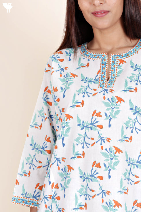 Cotton Kurta Pant Set With Kota Dupatta In Block Print