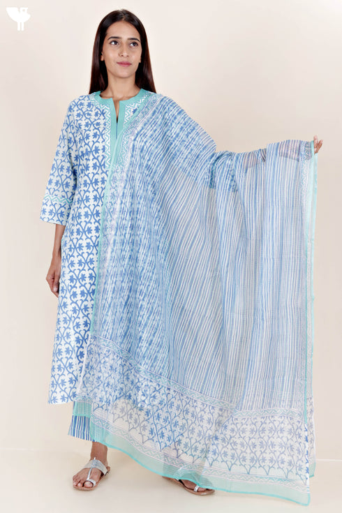 Cambric Cotton Kurta Pant With Kota Dupatta In Block Print