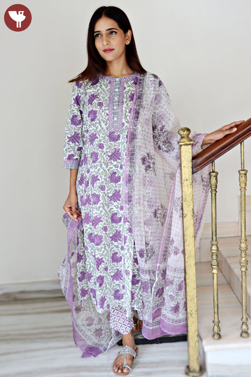 Cambric Cotton Kurta Pant With Kota Dupatta Set In Block Print