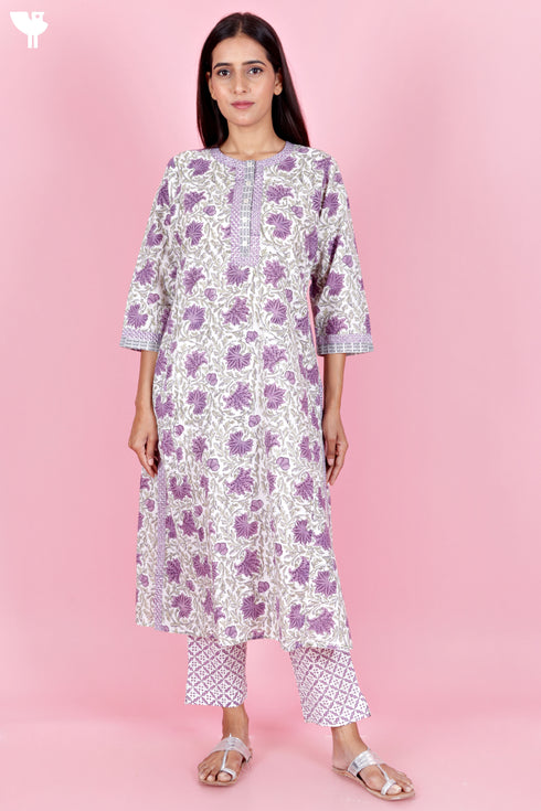 Cambric Cotton Kurta Pant With Kota Dupatta Set In Block Print