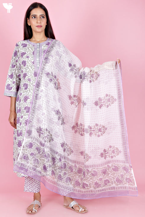 Cambric Cotton Kurta Pant With Kota Dupatta Set In Block Print