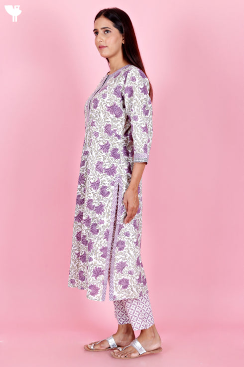 Cambric Cotton Kurta Pant With Kota Dupatta Set In Block Print