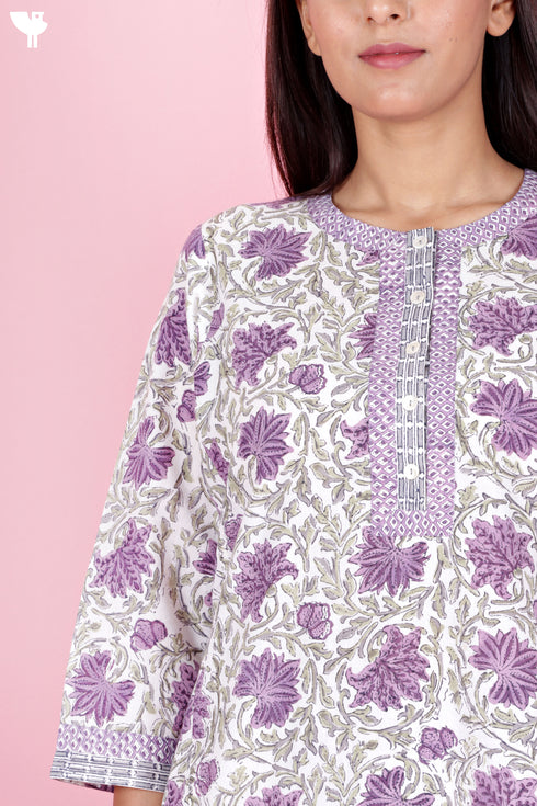 Cambric Cotton Kurta Pant With Kota Dupatta Set In Block Print