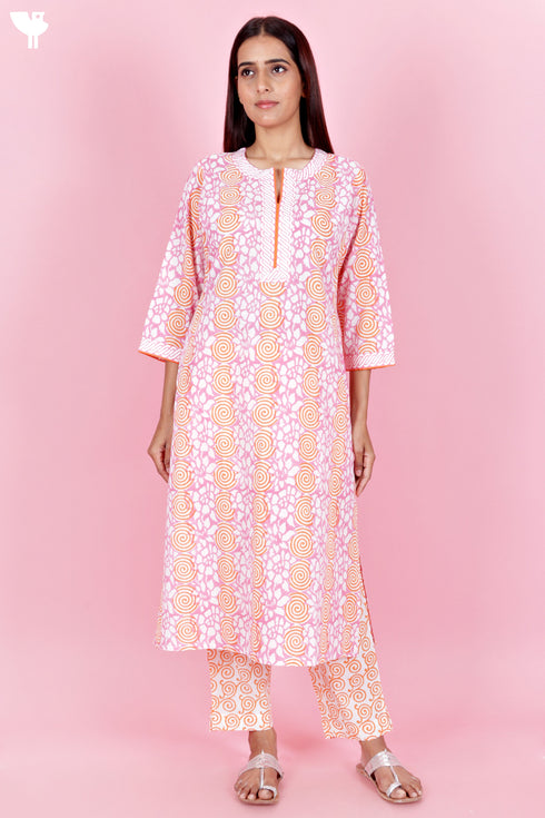 Cambric Cotton Kurta Pant Set With Kota Dupatta In Block Print