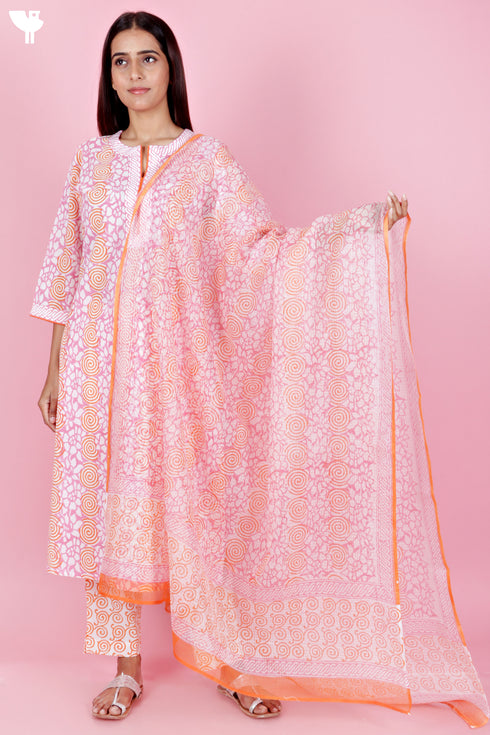 Cambric Cotton Kurta Pant Set With Kota Dupatta In Block Print
