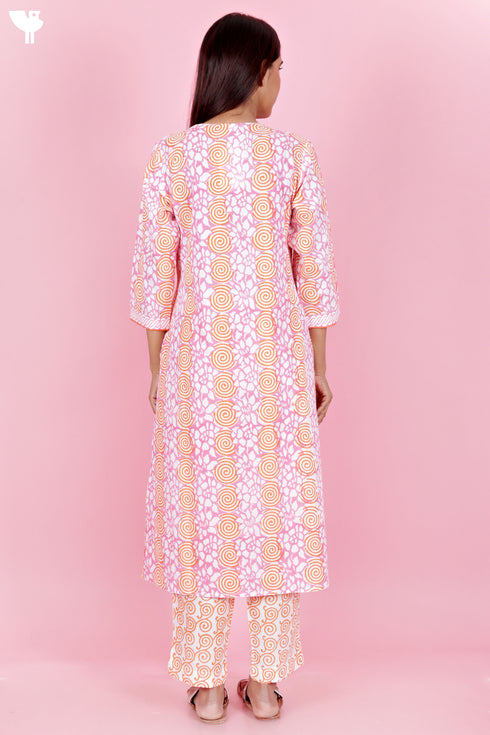 Cambric Cotton Kurta Pant Set With Kota Dupatta In Block Print