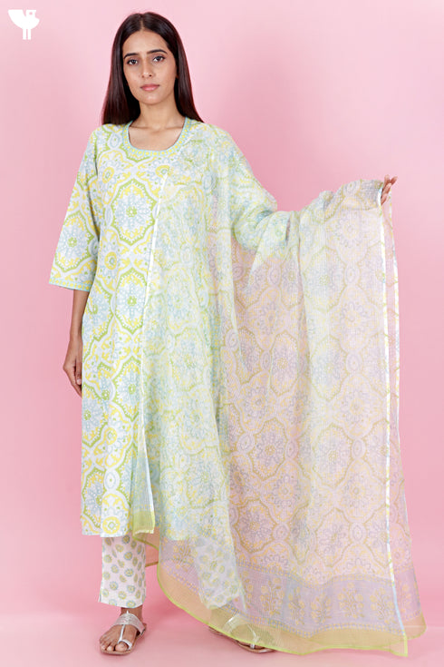 Cambric Cotton Kurta And Pant Set With Kota Dupatta In Block Print