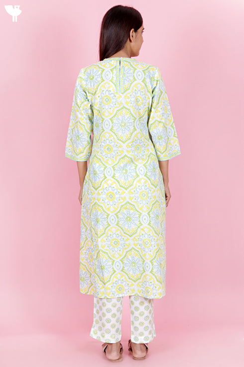 Cambric Cotton Kurta And Pant Set With Kota Dupatta In Block Print