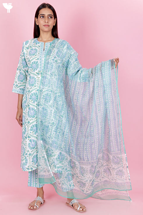 Cambric Cotton Kurta Pant Set With Kota Dupatta In Block Print