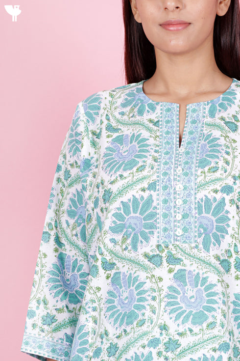 Cambric Cotton Kurta And Pant Set With Kota Dupatta In Block Print