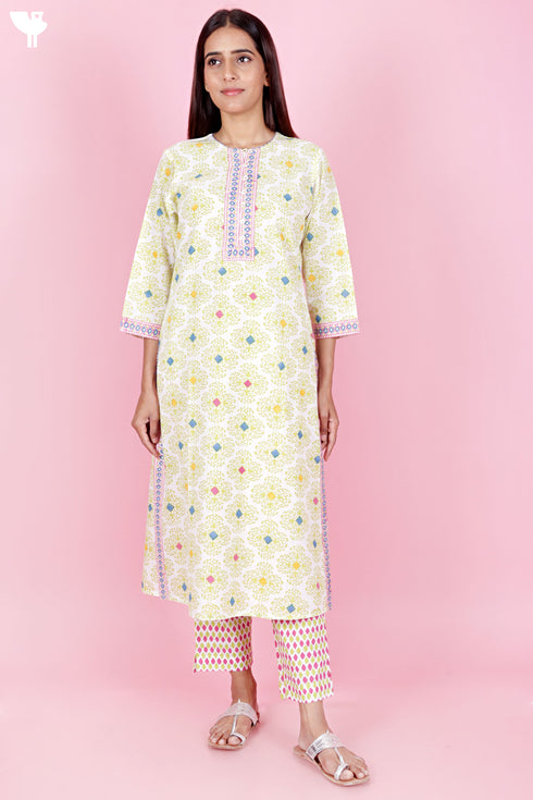 Cambric Cotton Kurta Pant Set With Kota Dupatta In Block Print