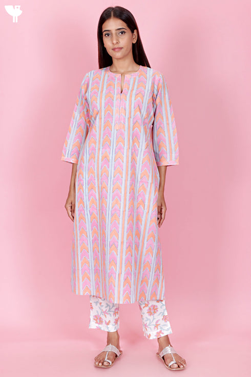 Cambric Cotton Kurta Pant Set With Kota Dupatta In Block Print