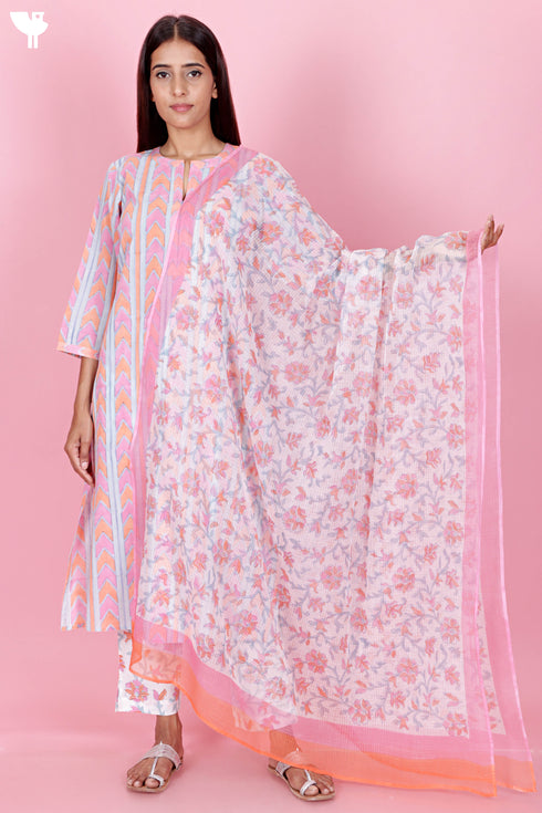 Cambric Cotton Kurta Pant Set With Kota Dupatta In Block Print