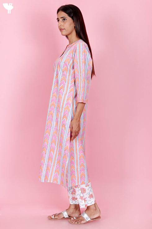 Cambric Cotton Kurta Pant Set With Kota Dupatta In Block Print