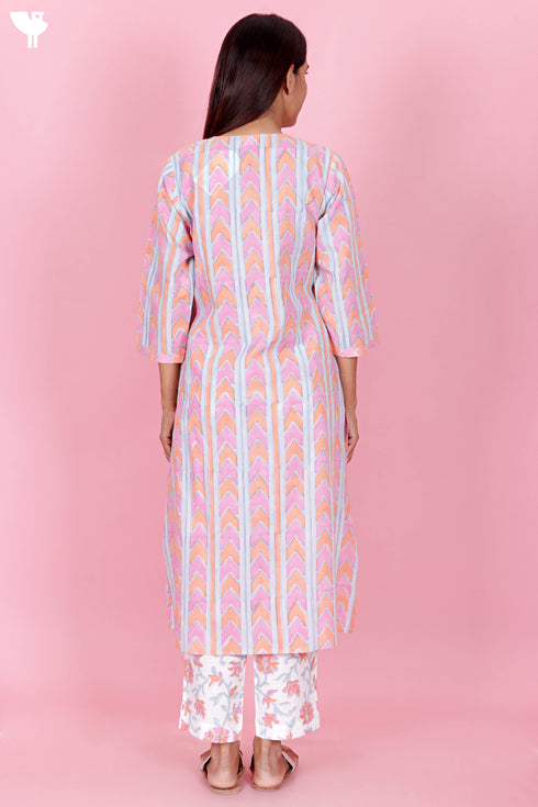 Cambric Cotton Kurta Pant Set With Kota Dupatta In Block Print