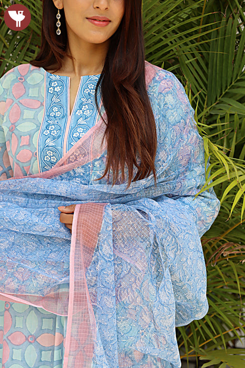 Cambric Cotton Kurta Pant With Kota Dupatta In Block Print