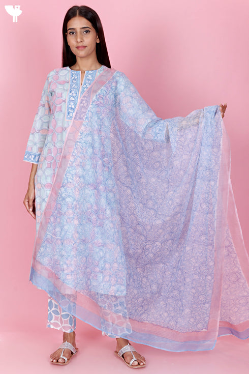 Cambric Cotton Kurta Pant With Kota Dupatta In Block Print