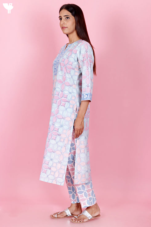 Cambric Cotton Kurta Pant With Kota Dupatta In Block Print