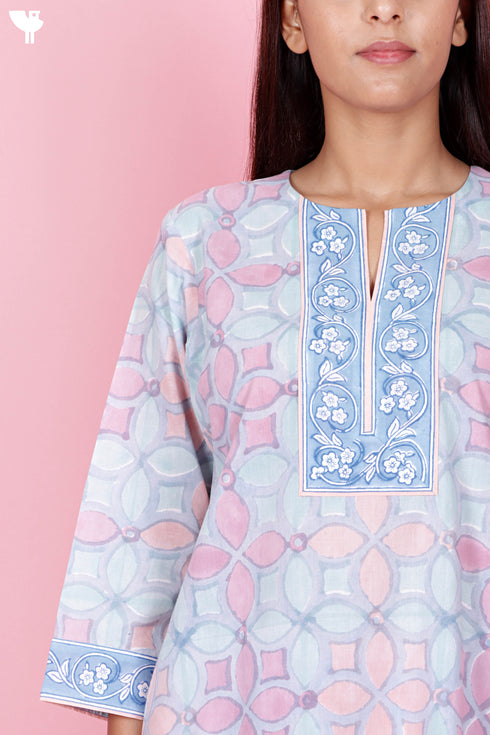 Cambric Cotton Kurta Pant With Kota Dupatta In Block Print