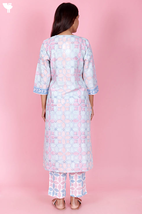 Cambric Cotton Kurta Pant With Kota Dupatta In Block Print