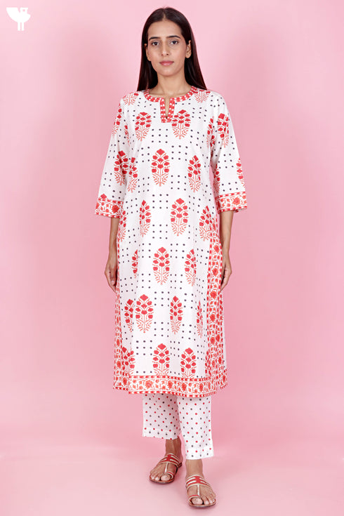 Cotton Kurta Pant Set With Kota Dupatta In Block Print