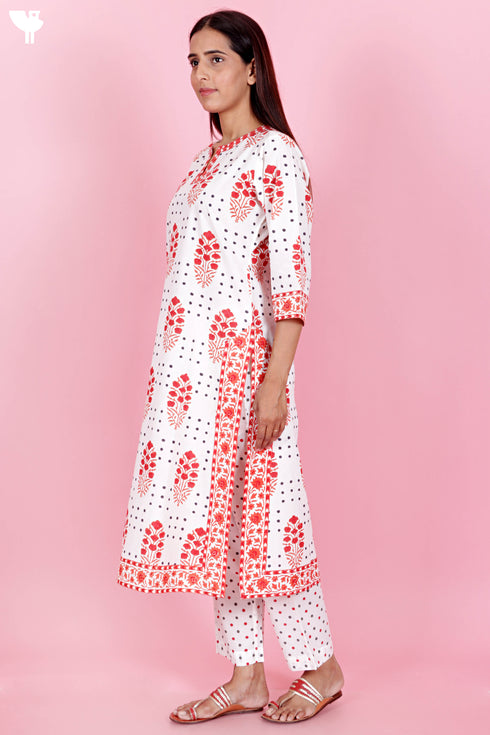 Cotton Kurta Pant Set With Kota Dupatta In Block Print