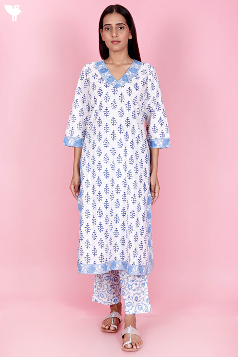 Cambric Cotton Kurta Pant Set With Kota Dupatta In Block Print
