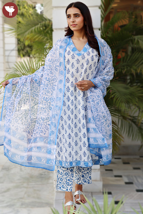 Cambric Cotton Kurta Pant Set With Kota Dupatta In Block Print