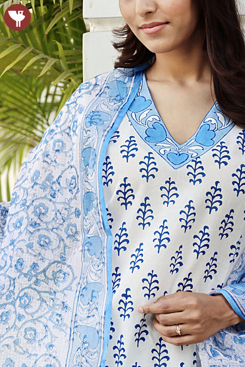 Cambric Cotton Kurta Pant Set With Kota Dupatta In Block Print