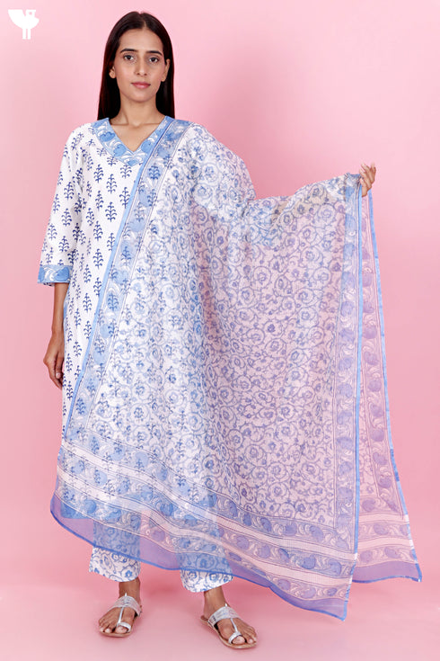 Cambric Cotton Kurta Pant Set With Kota Dupatta In Block Print
