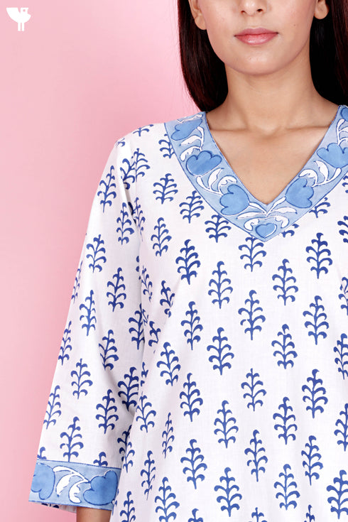 Cambric Cotton Kurta Pant Set With Kota Dupatta In Block Print
