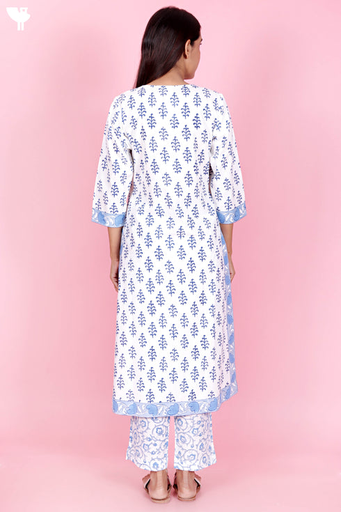 Cambric Cotton Kurta Pant Set With Kota Dupatta In Block Print