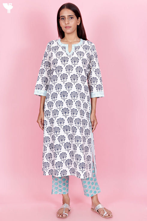 Cotton Kurta And Pant Set With Kota Dupatta In Block Print