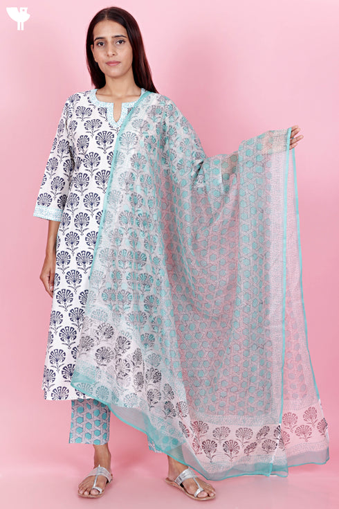 Cotton Kurta Pant Set With Kota Dupatta In Block Print