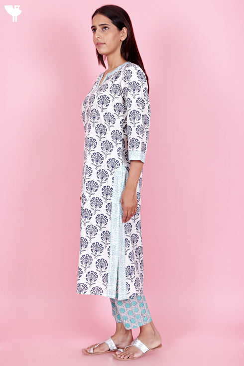Cotton Kurta Pant Set With Kota Dupatta In Block Print