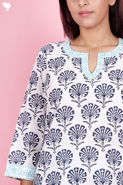 Cotton Kurta Pant Set With Kota Dupatta In Block Print