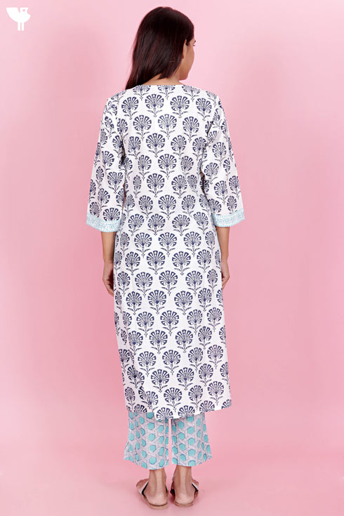 Cotton Kurta Pant Set With Kota Dupatta In Block Print