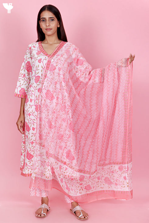 Cotton Kurta Pant Set With Kota Dupatta In Block Print