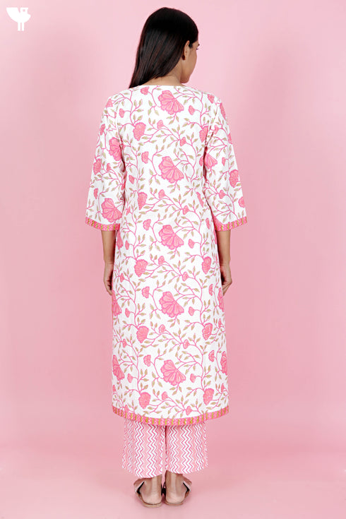 Cotton Kurta Pant Set With Kota Dupatta In Block Print