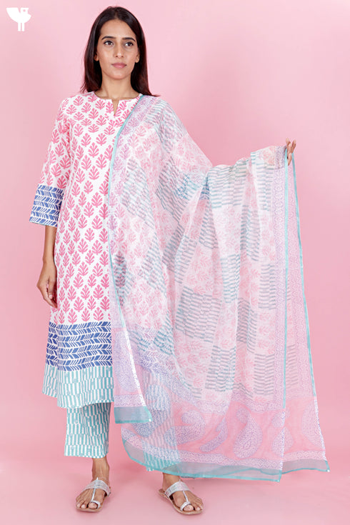 Cambric Cotton Kurta Pant Set With Kota Dupatta In Block Print