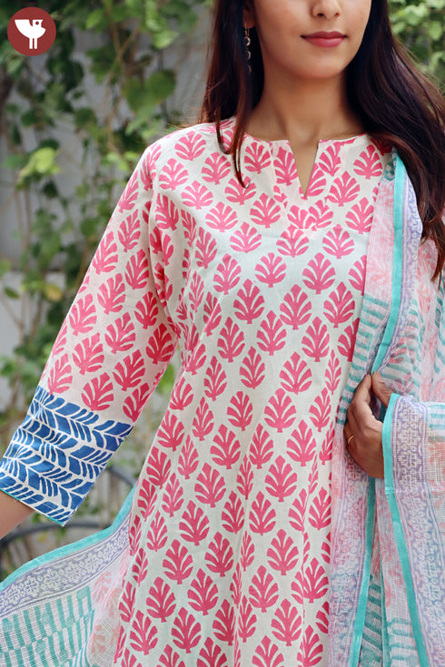 Cambric Cotton Kurta Pant Set With Kota Dupatta In Block Print
