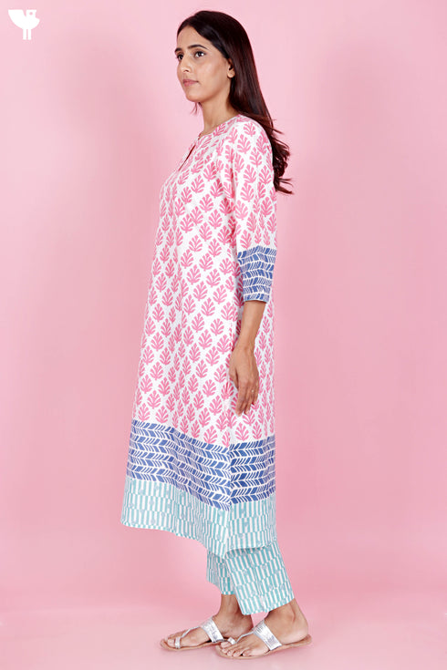 Cambric Cotton Kurta Pant Set With Kota Dupatta In Block Print