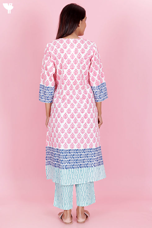 Cambric Cotton Kurta Pant Set With Kota Dupatta In Block Print