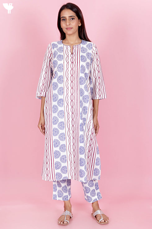 Cotton Kurta Pant Set With Kota Dupatta In Block Print