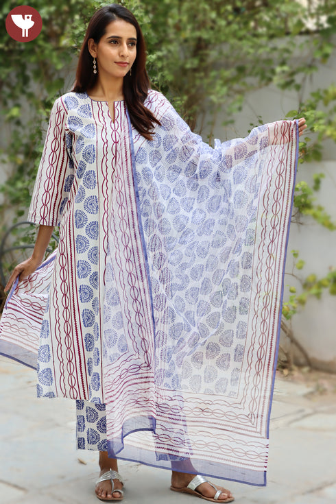 Cotton Kurta Pant Set With Kota Dupatta In Block Print