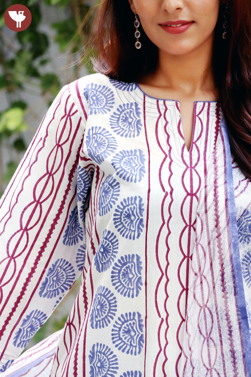 Cotton Kurta Pant Set With Kota Dupatta In Block Print
