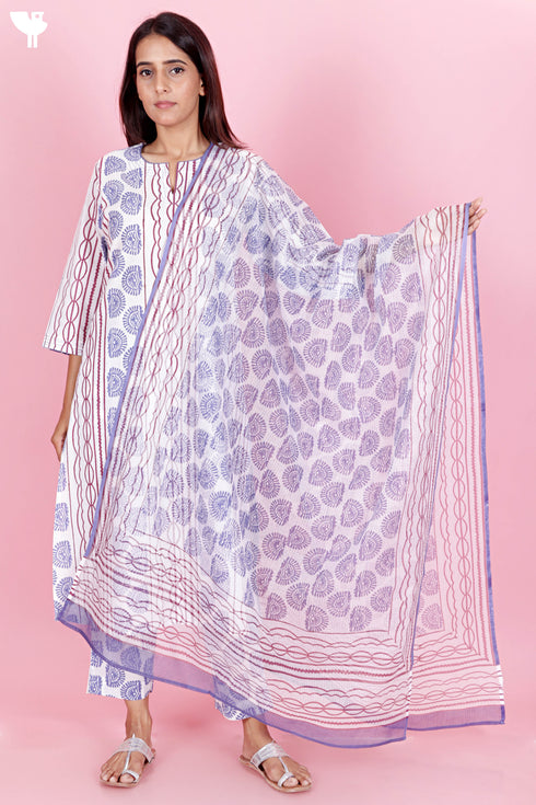 Cotton Kurta Pant Set With Kota Dupatta In Block Print
