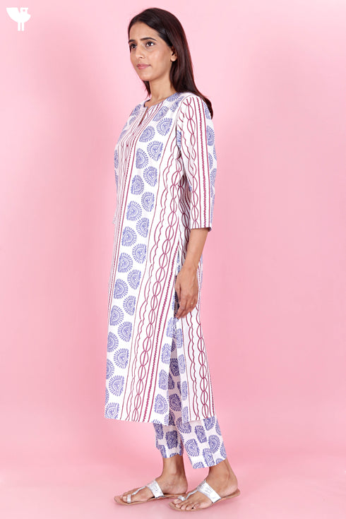 Cotton Kurta Pant Set With Kota Dupatta In Block Print