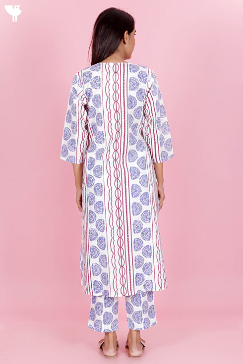 Cotton Kurta Pant Set With Kota Dupatta In Block Print